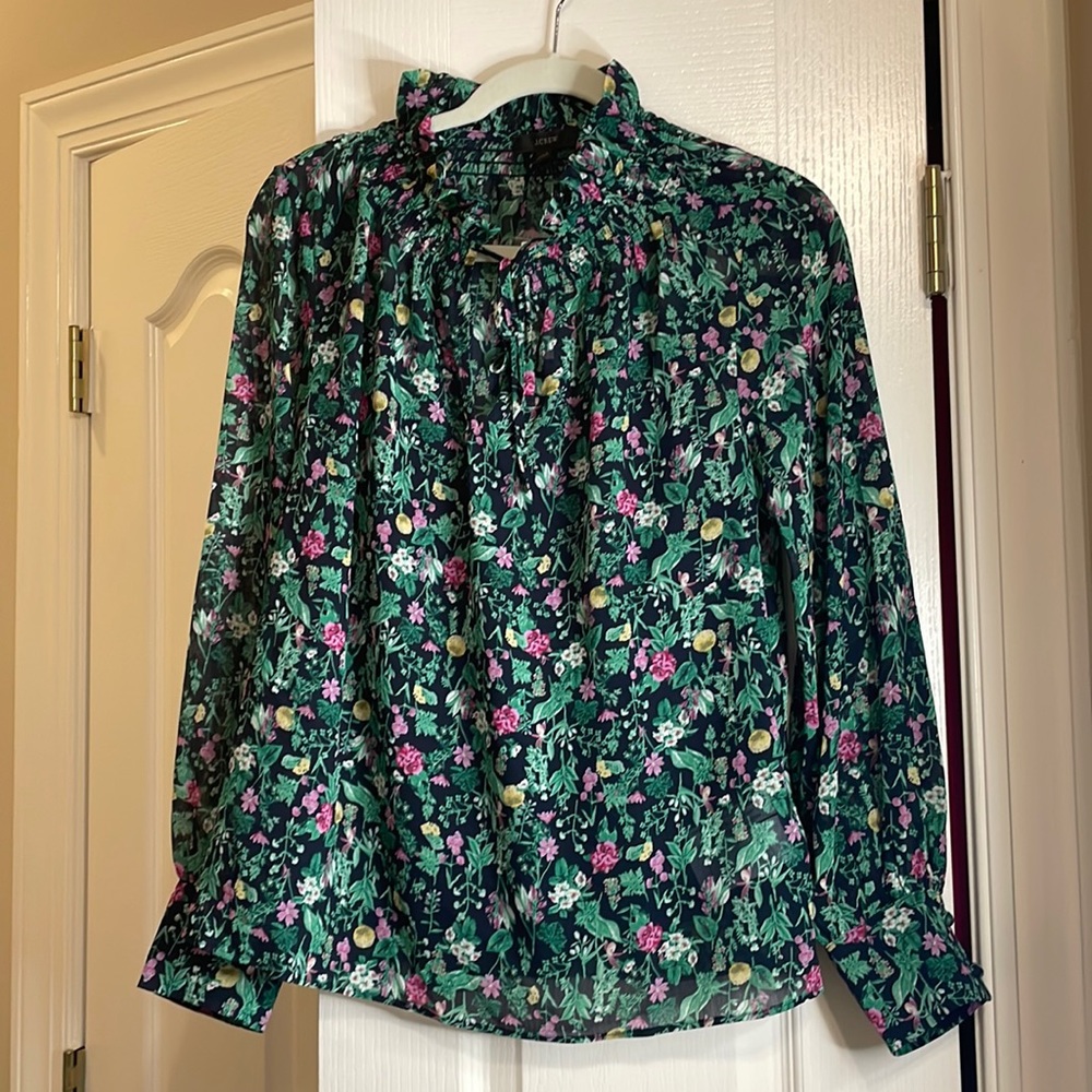 J. Crew Drapey tie-neck ruffle top in winter garden floral